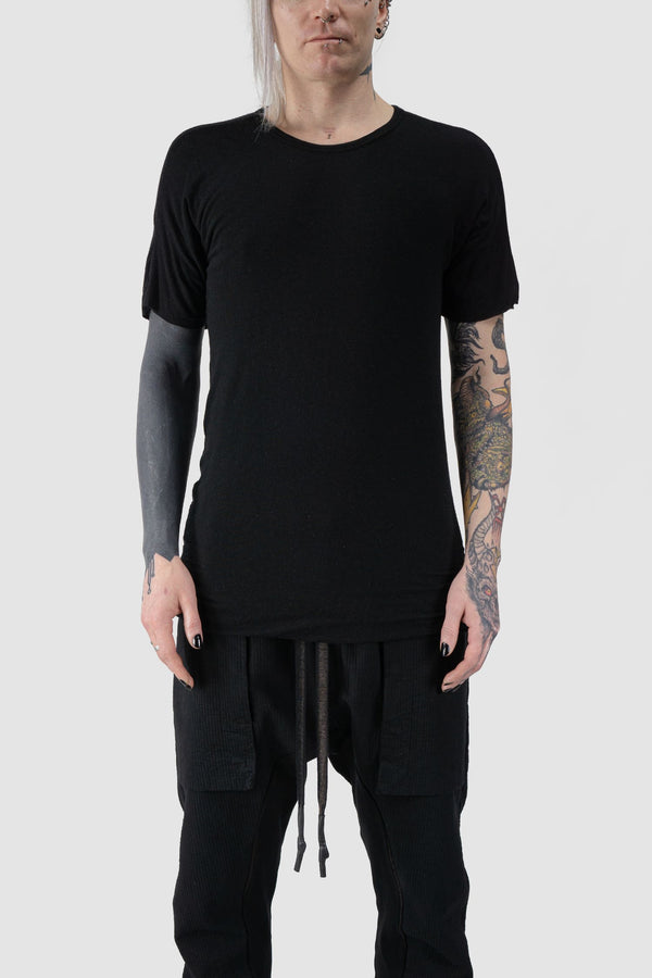 69 by Isaac Sellam - front view of Black Folded Double Layer Modal Raglan T-Shirt