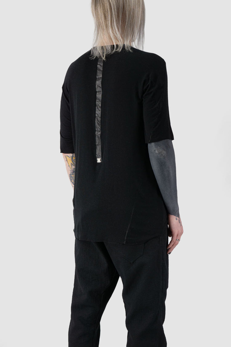 69 by Isaac Sellam - back side view of Black Geometrical Scar Stitch Modal Raglan T-Shirt