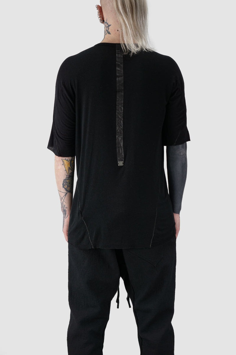 69 by Isaac Sellam - back view of Black Geometrical Scar Stitch Modal Raglan T-Shirt