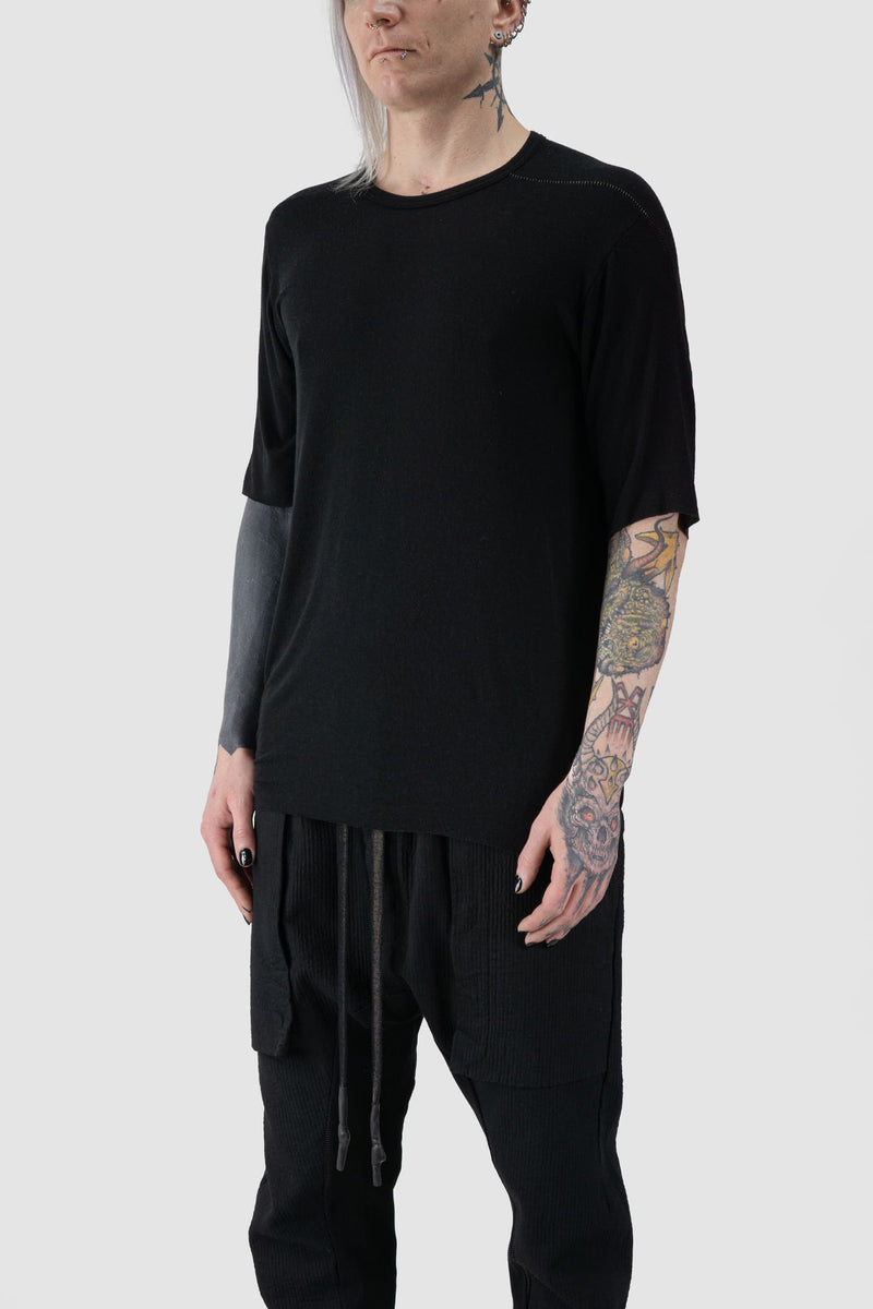 69 by Isaac Sellam - front side view of Black Geometrical Scar Stitch Modal Raglan T-Shirt