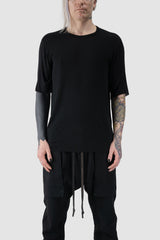 69 by Isaac Sellam - front view of Black Geometrical Scar Stitch Modal Raglan T-Shirt