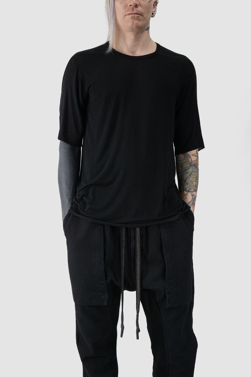 69 by Isaac Sellam - relaxed fit view of Black Geometrical Scar Stitch Modal Raglan T-Shirt