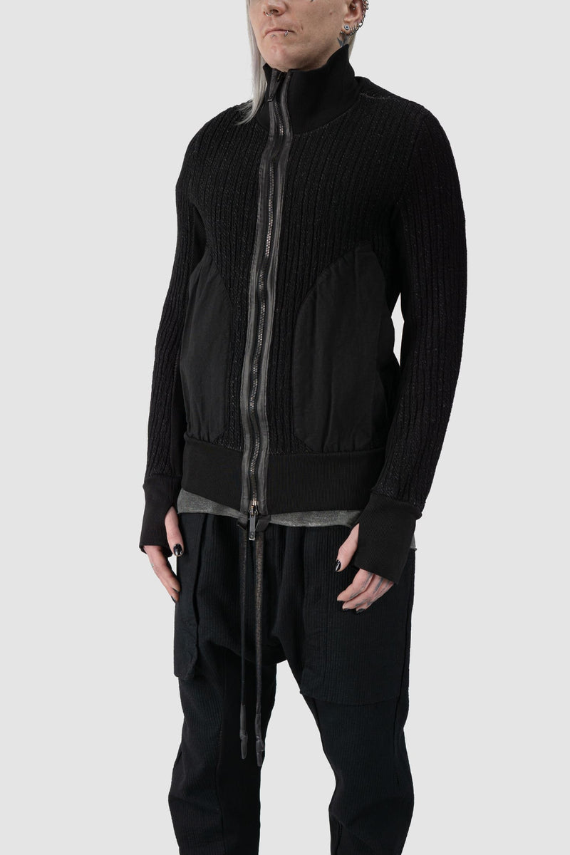 69 by Isaac Sellam - front side view of Black Organic Cotton Blend Double Layer Stretch Sweat Jacket