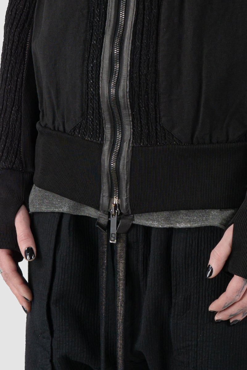 69 by Isaac Sellam - hem detail view of Black Organic Cotton Blend Double Layer Stretch Sweat Jacket