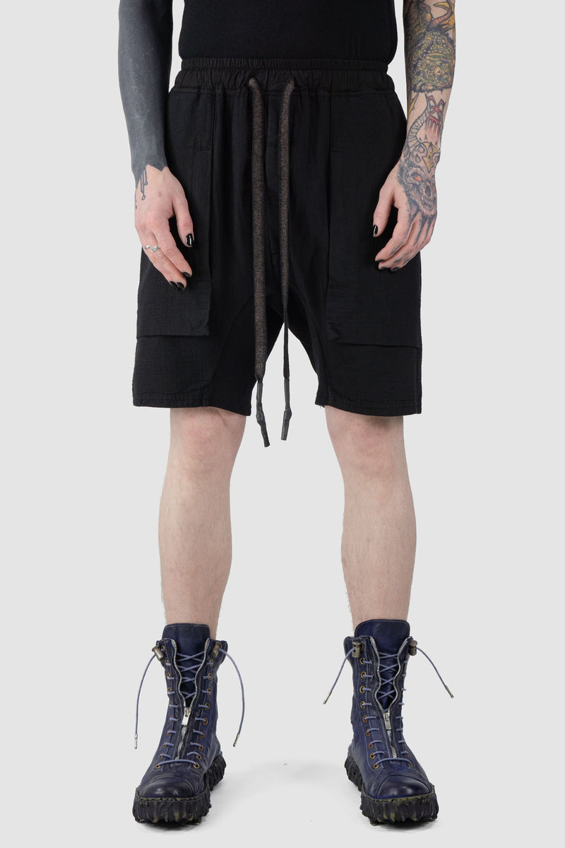 69 by Isaac Sellam - front view of Black Organic Cotton Zip Cargo Sweat Shorts