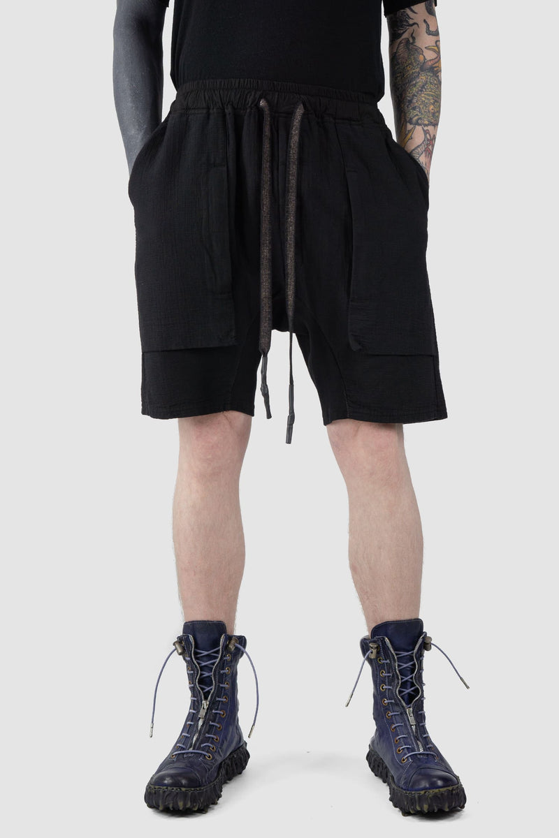 69 by Isaac Sellam - relaxed fit view of Black Organic Cotton Zip Cargo Sweat Shorts