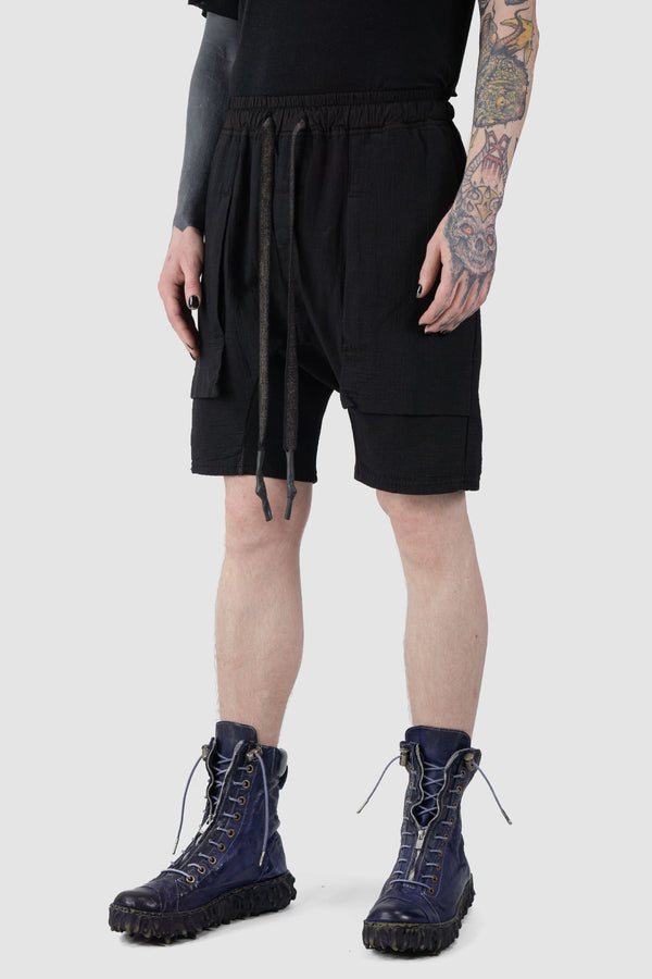 69 by Isaac Sellam - front side view of Black Organic Cotton Zip Cargo Sweat Shorts