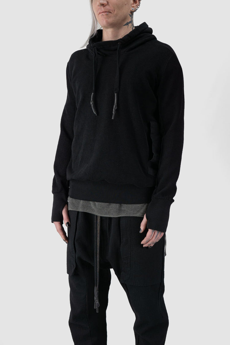 69 by Isaac Sellam - front side view of Black Reverse Textured Cotton Hoodie