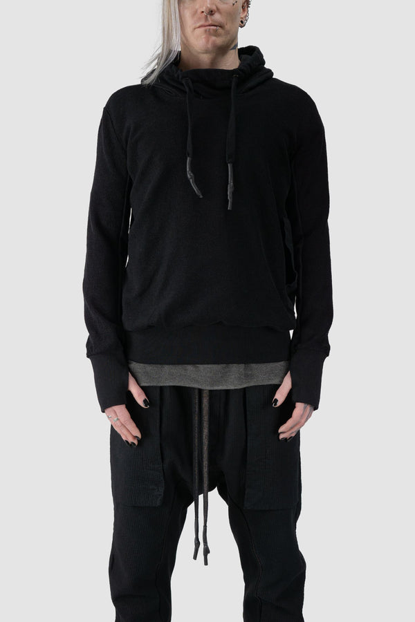 69 by Isaac Sellam - front view of Black Reverse Textured Cotton Hoodie