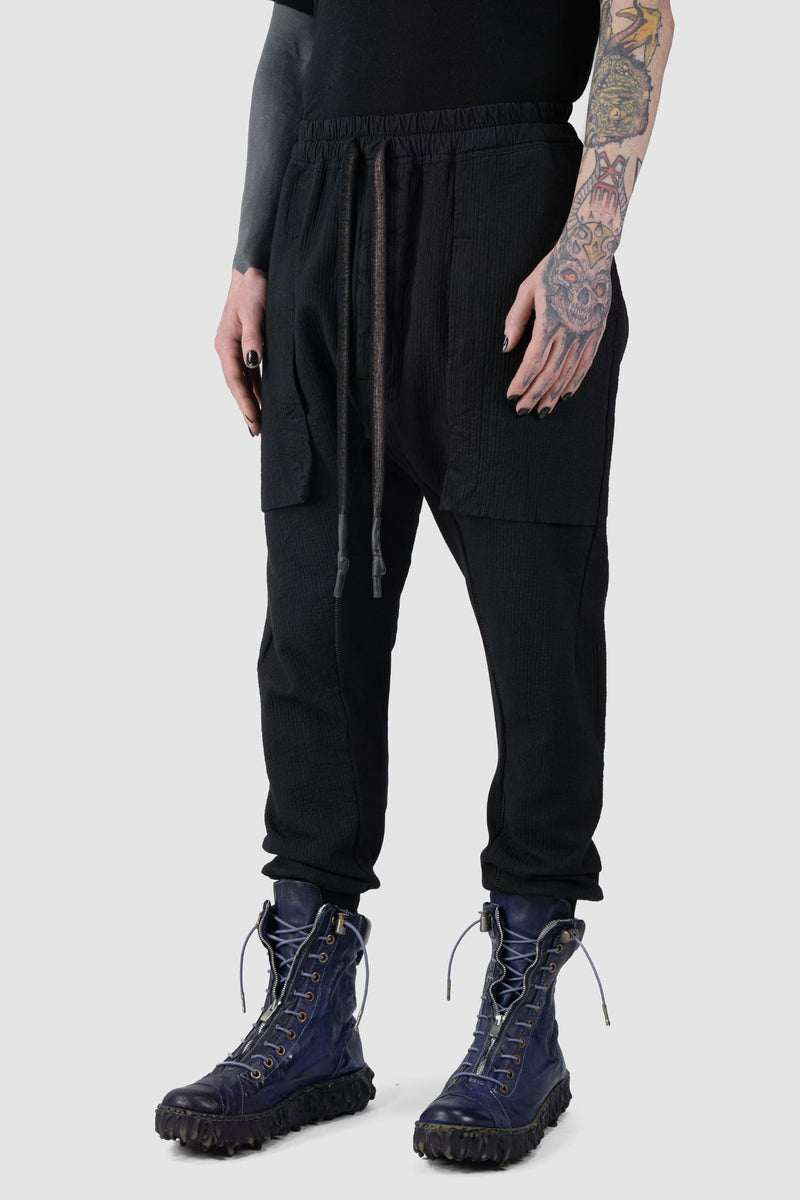 69 by Isaac Sellam - side view of Black Stripe Heavy Cotton Cargo Zip Jogging Pants