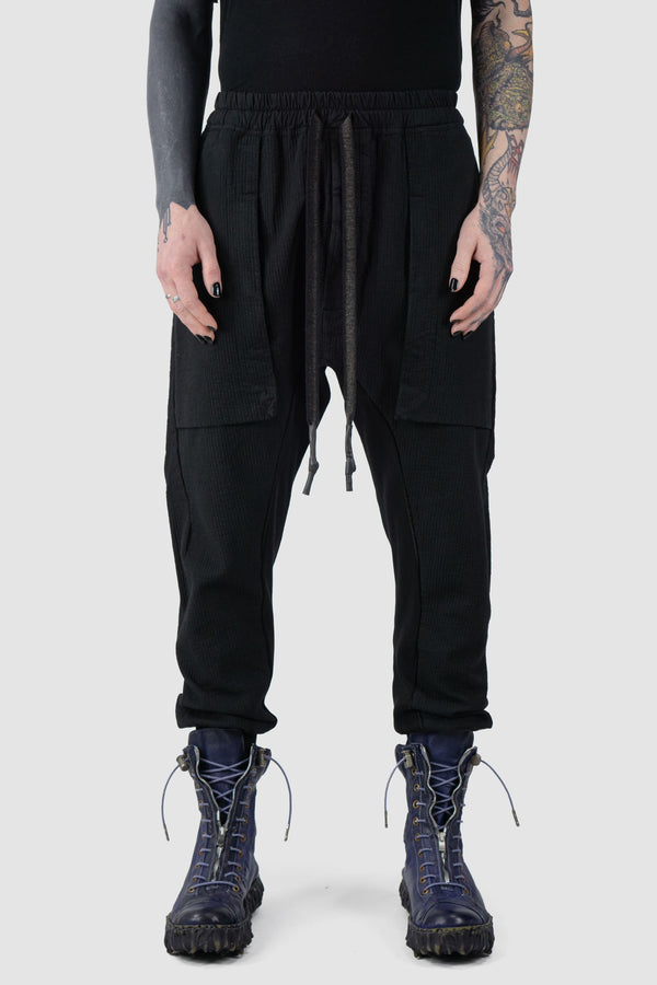 69 by Isaac Sellam - front view of Black Stripe Heavy Cotton Cargo Zip Jogging Pants