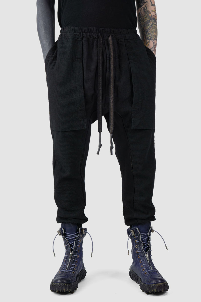 69 by Isaac Sellam - relaxed fit view of Black Stripe Heavy Cotton Cargo Zip Jogging Pants