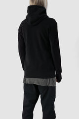 69 by Isaac Sellam - back side view of Black Textured Cotton Leather Trimmed Hoodie Zip Sweater