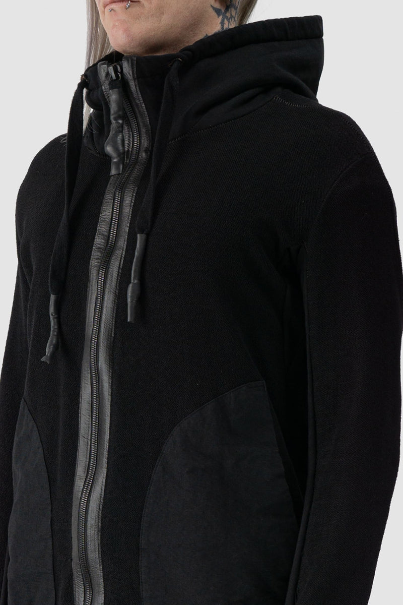 69 by Isaac Sellam - zipper detail view of Black Textured Cotton Leather Trimmed Hoodie Zip Sweater