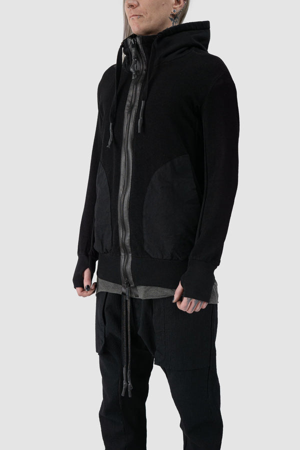 69 by Isaac Sellam - front side view of Black Textured Cotton Leather Trimmed Hoodie Zip Sweater