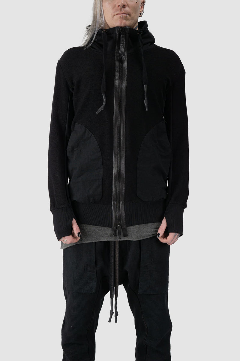 69 by Isaac Sellam - front view of Black Textured Cotton Leather Trimmed Hoodie Zip Sweater