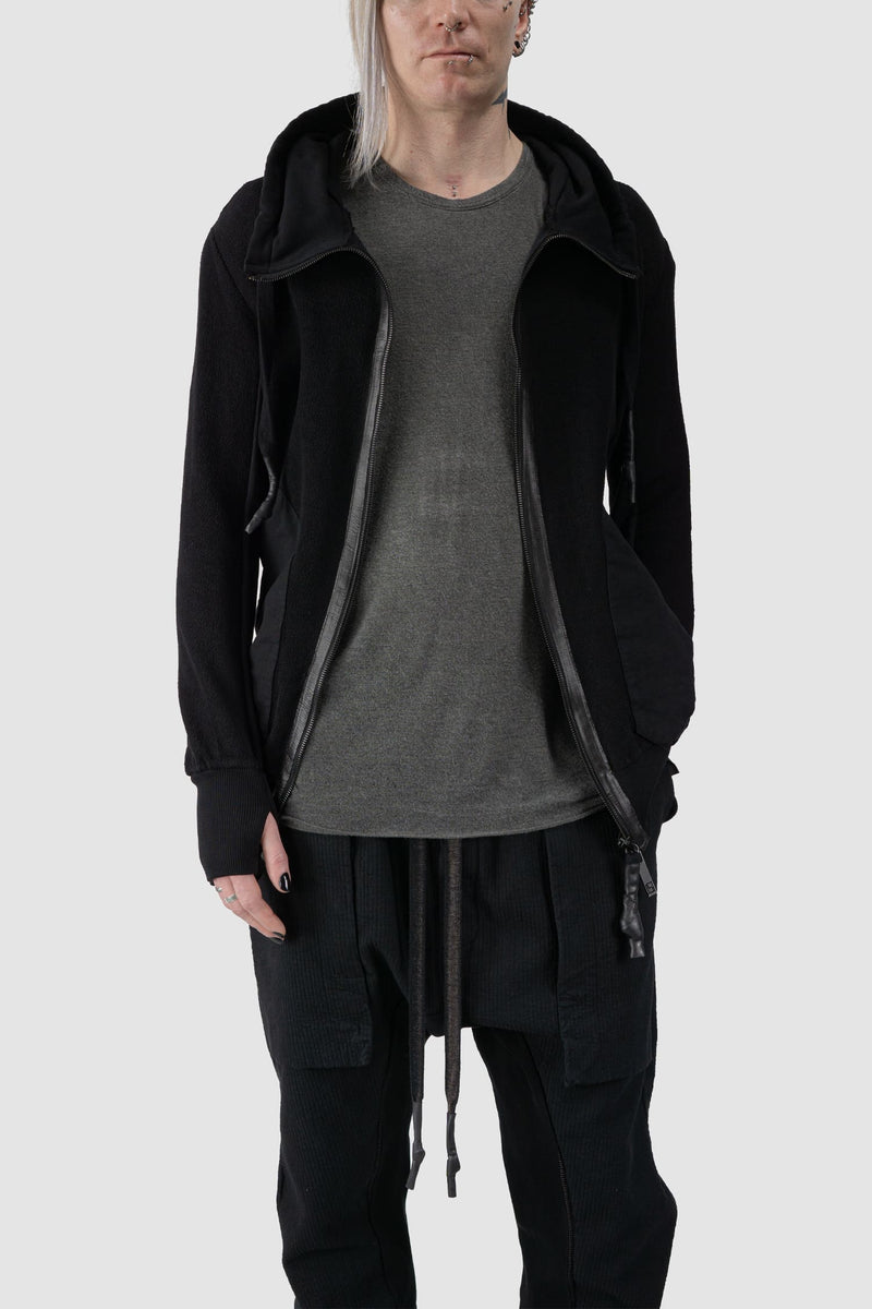 69 by Isaac Sellam - relaxed fit view of Black Textured Cotton Leather Trimmed Hoodie Zip Sweater