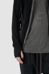 69 by Isaac Sellam - thumb detail view of Black Textured Cotton Leather Trimmed Hoodie Zip Sweater