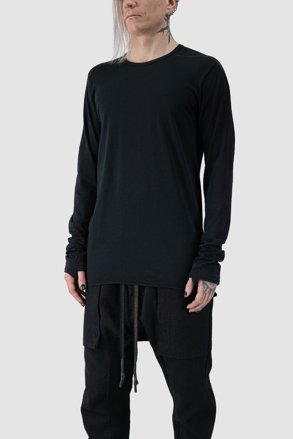 69 by Isaac Sellam - front side view of Black Two Tonal Contrast Flat Lock Long Sleeve T-Shirt