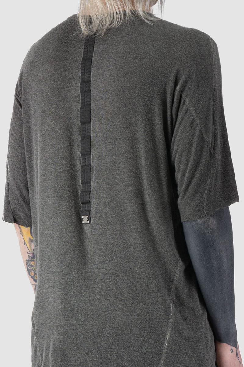 69 by Isaac Sellam - back detail view of Grey Loose Fit Leather Spine Cold-Dyed Modal T-Shirt