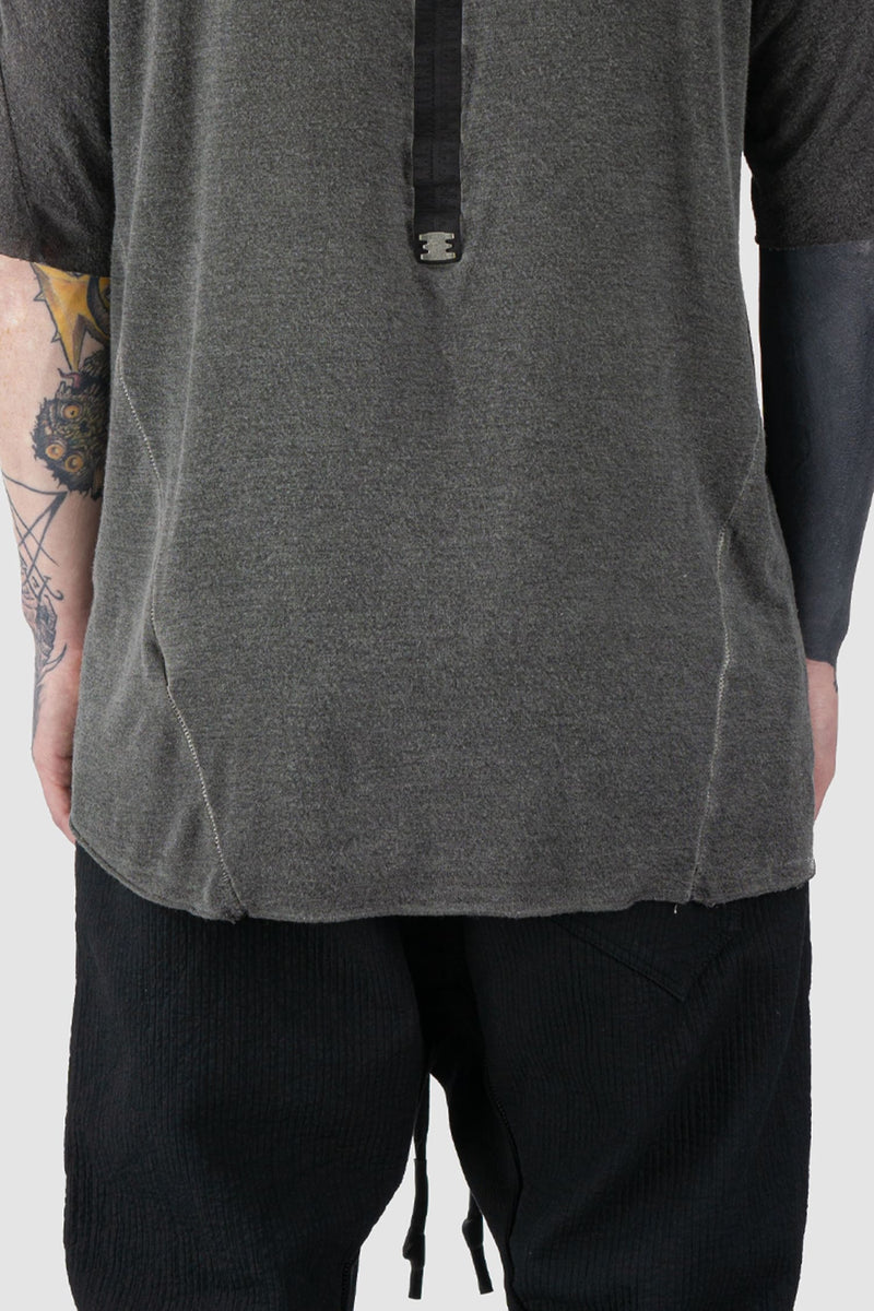 69 by Isaac Sellam - hem view of Grey Loose Fit Leather Spine Cold-Dyed Modal T-Shirt