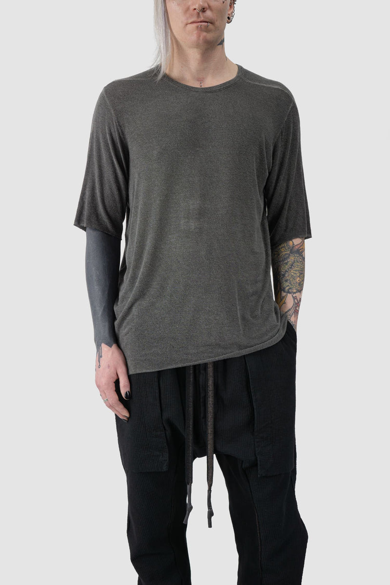 69 by Isaac Sellam - relaxed fit view of Grey Loose Fit Leather Spine Cold-Dyed Modal T-Shirt