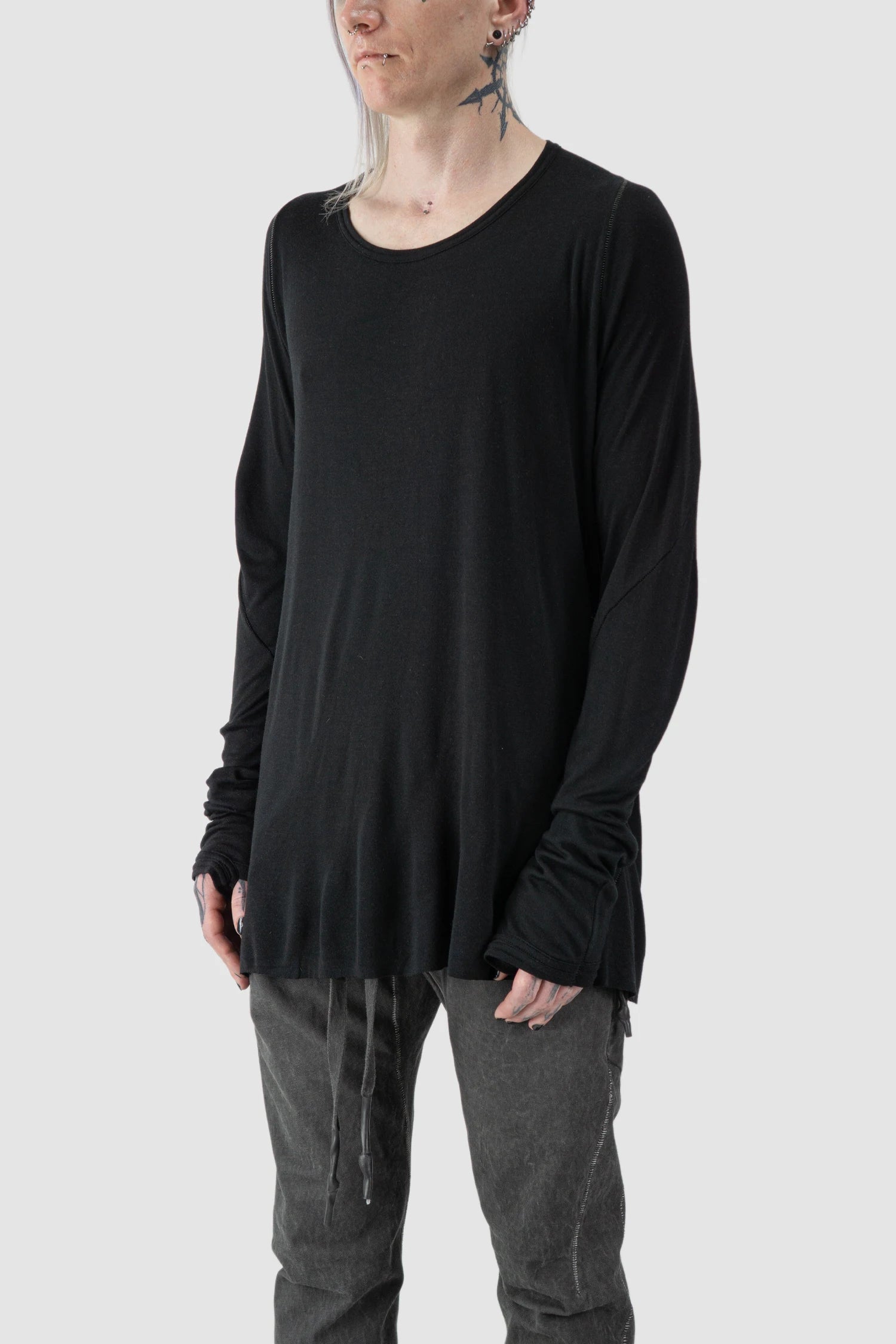 69 by Isaac Sellam - model side view of Black Cashmere Blend Raglan Long Sleeve T-Shirt