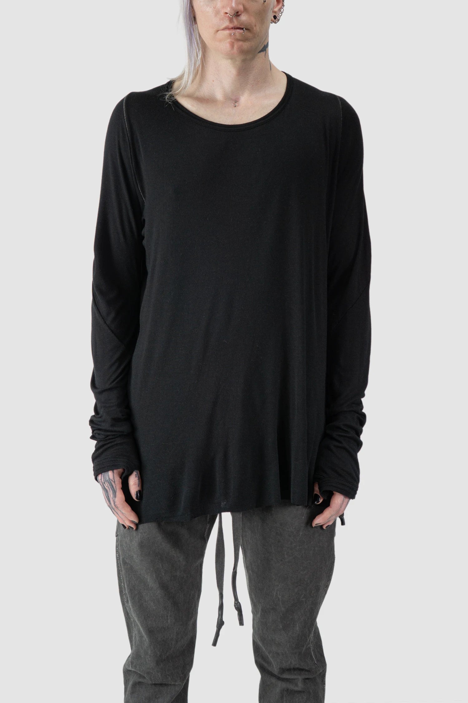 69 by Isaac Sellam - model front view of Black Cashmere Blend Raglan Long Sleeve T-Shirt