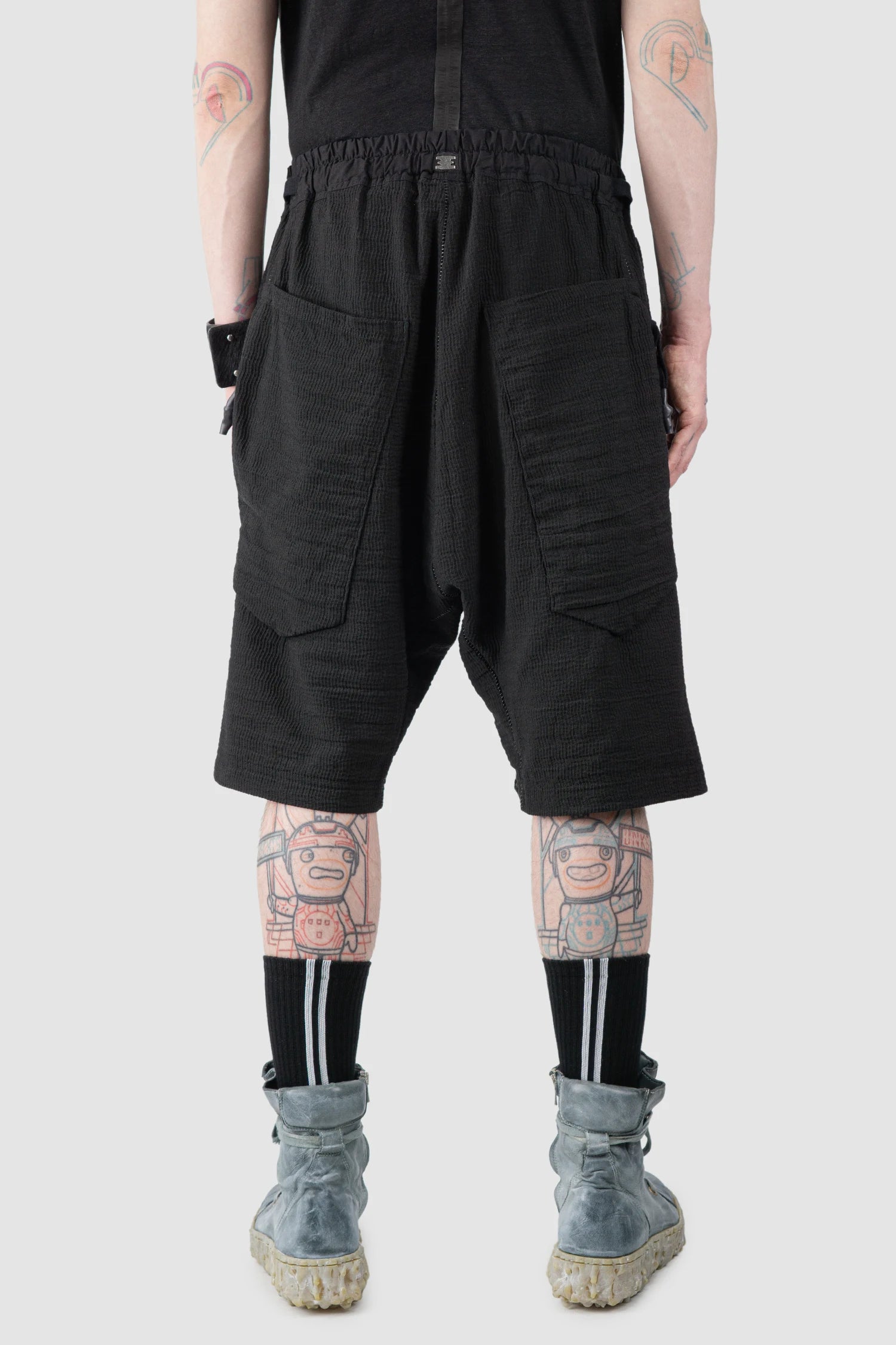 69 by Isaac Sellam - Men’s Black Drop Crotch Hidden Pocket Cotton Shorts model back view