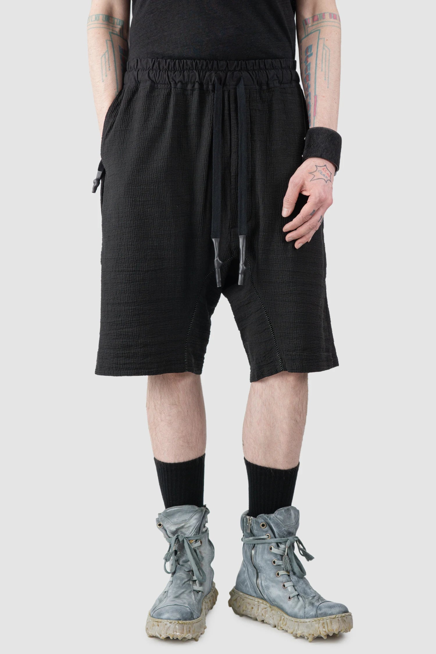 69 by Isaac Sellam - Men’s Black Drop Crotch Hidden Pocket Cotton Shorts model relaxed view