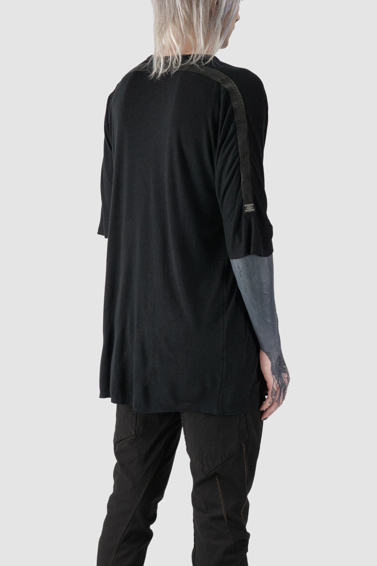 69 by Isaac Sellam - model back side view of Black Horizontal Leather Spine Cashmere Blend T-Shirt
