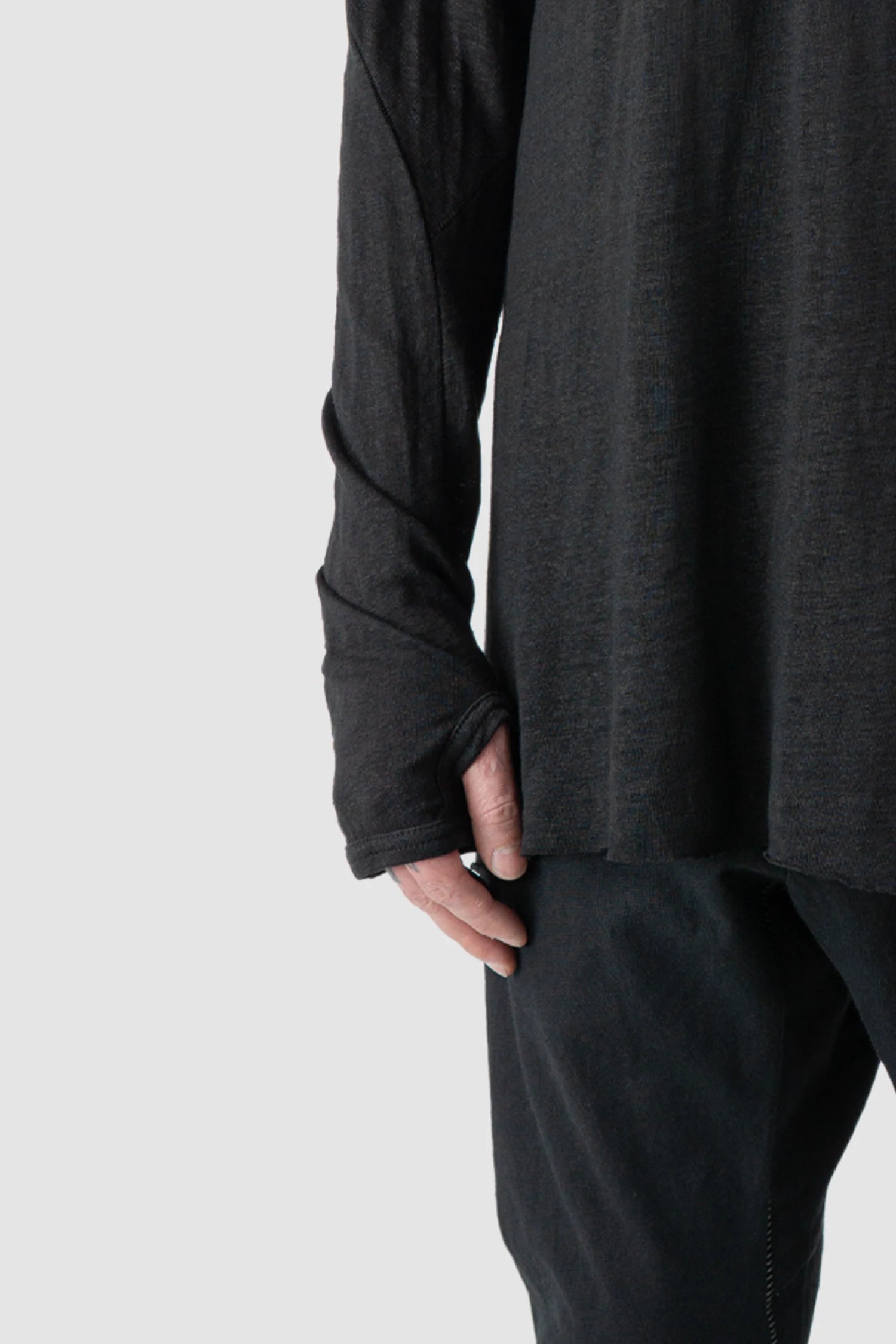 69 by Isaac Sellam - Men’s Black Linen Long Sleeve with Leather Spine arm detail view