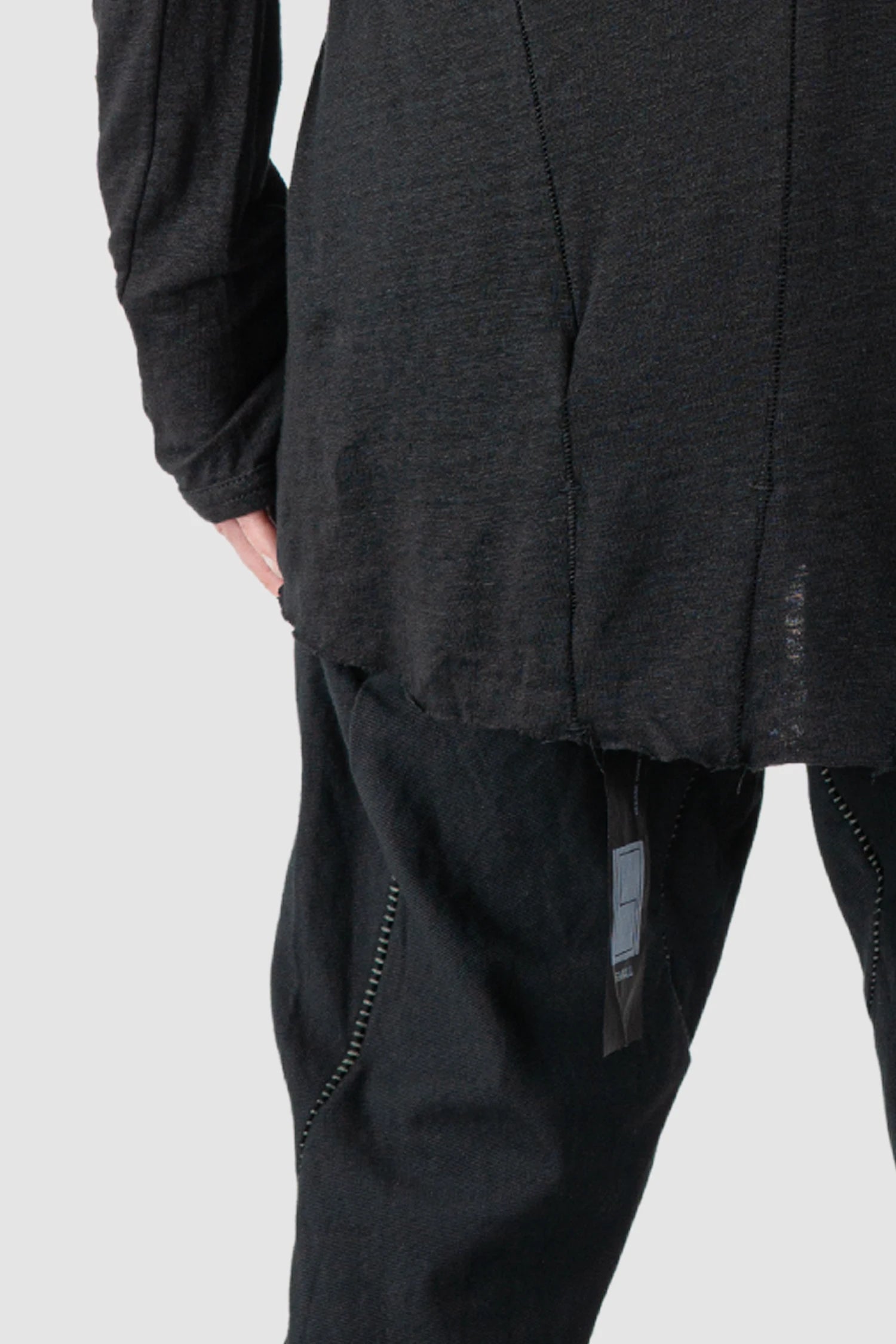 69 by Isaac Sellam - Men’s Black Linen Long Sleeve with Leather Spine hem detail view