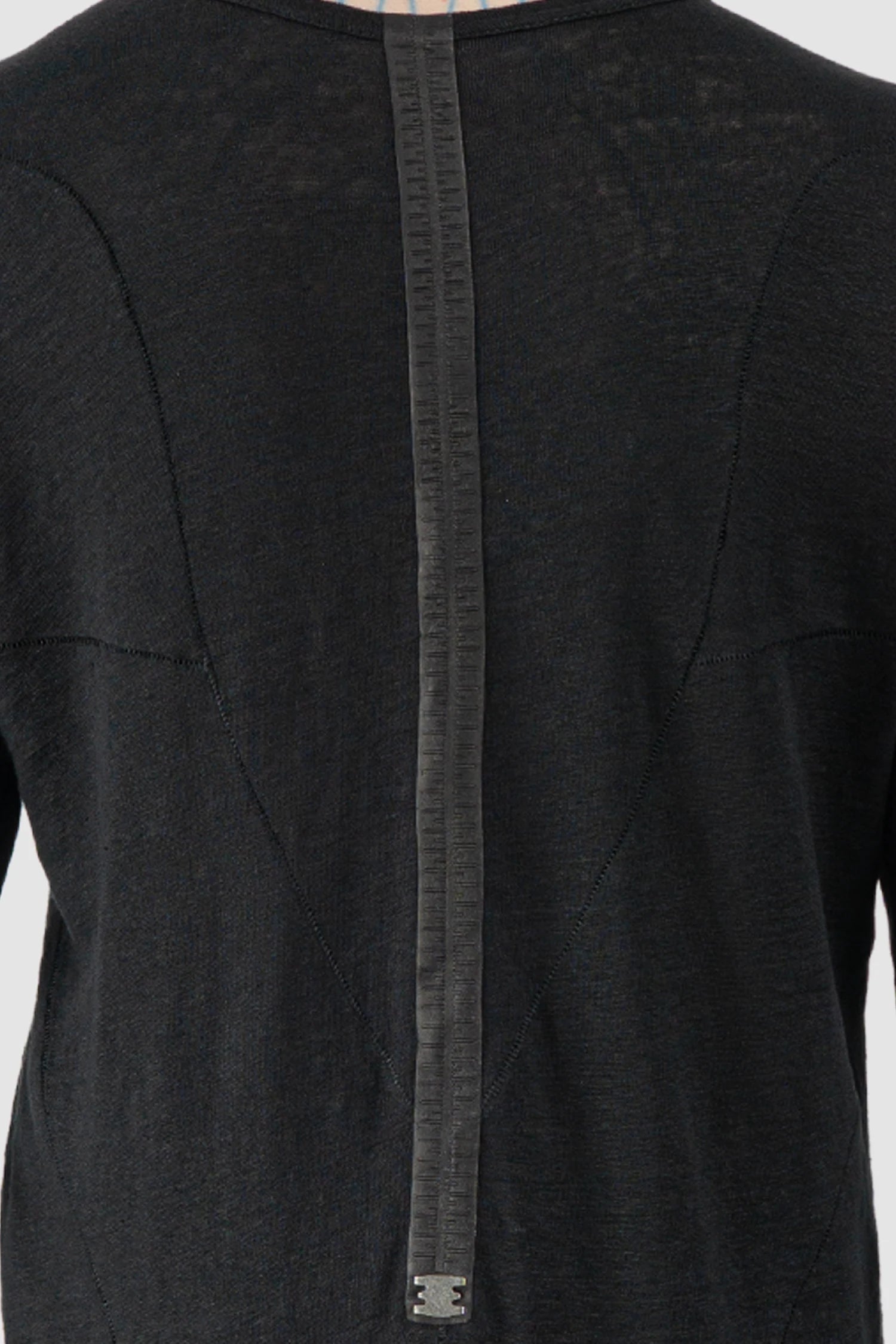 69 by Isaac Sellam - Men’s Black Linen Long Sleeve with Leather Spine patch detail view