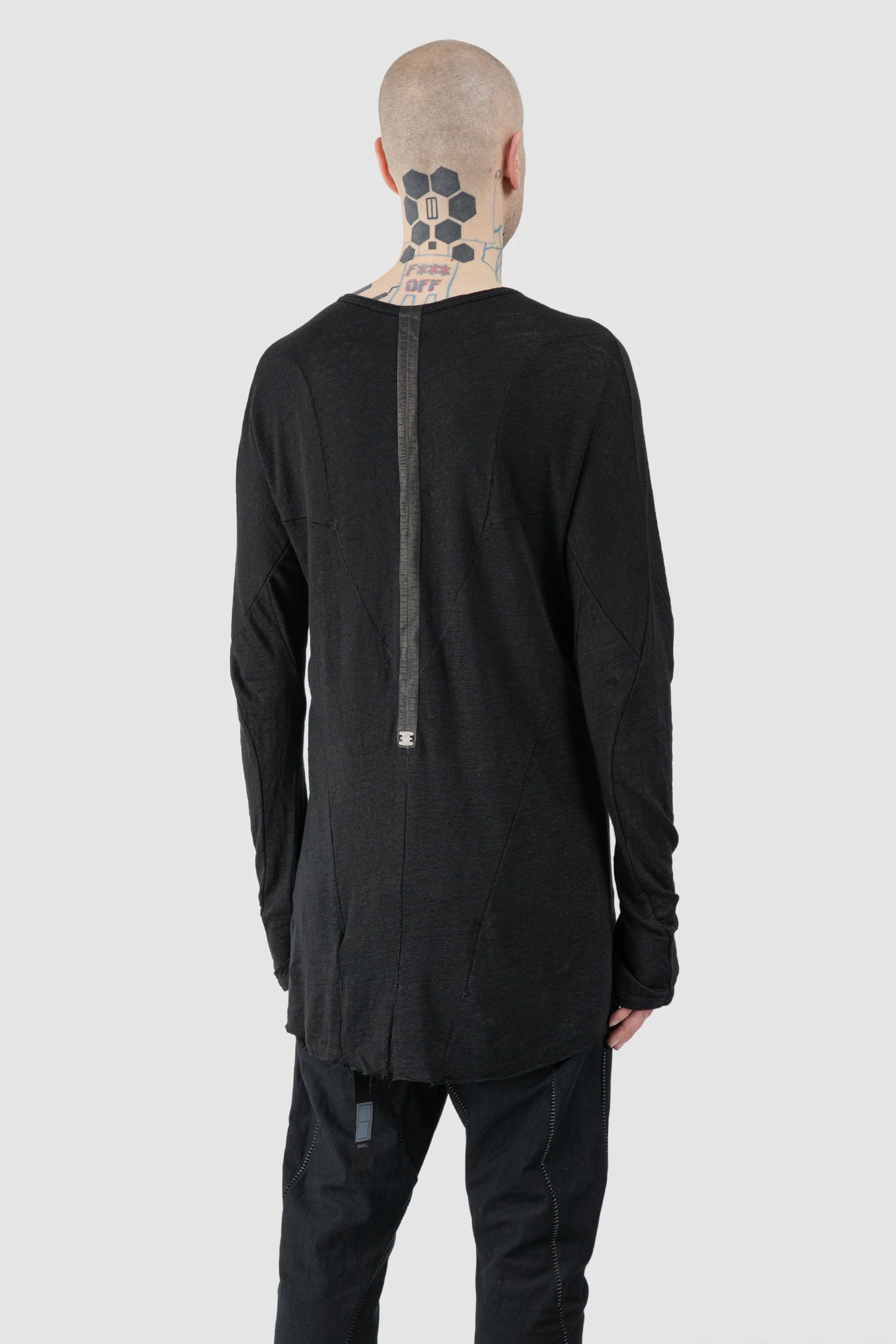 69 by Isaac Sellam - Men’s Black Linen Long Sleeve with Leather Spine model back side view