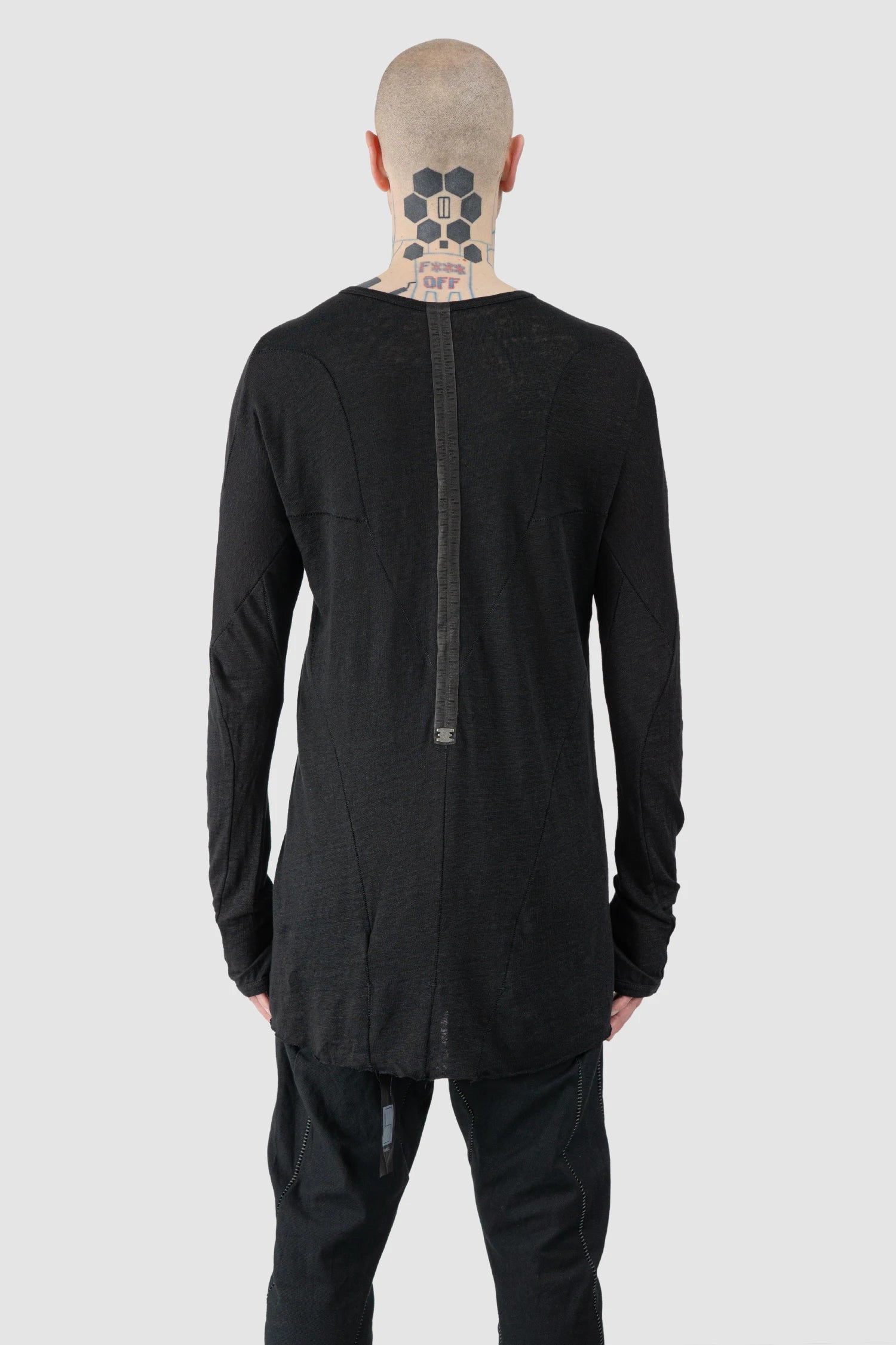 69 by Isaac Sellam - Men’s Black Linen Long Sleeve with Leather Spine model back view