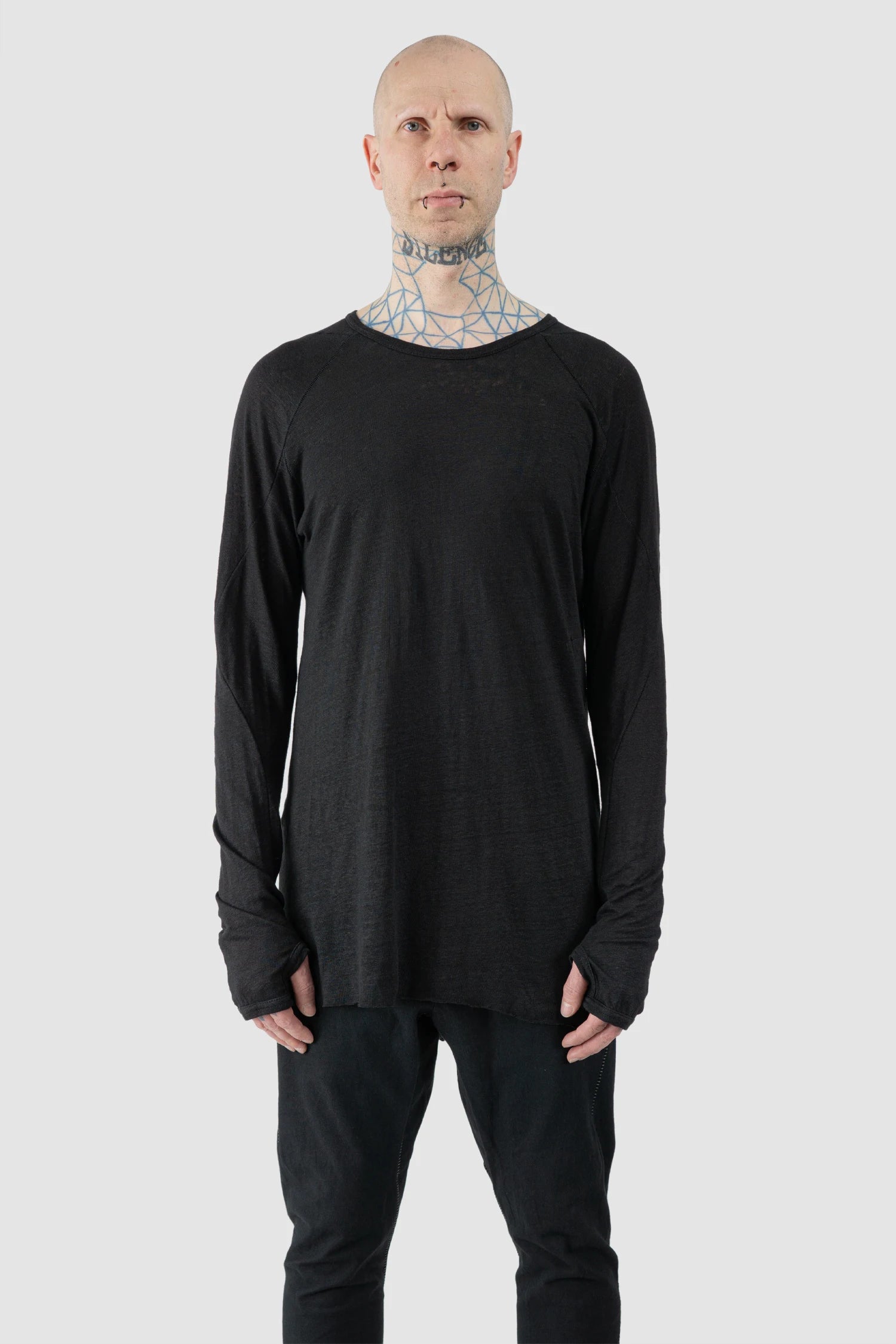 69 by Isaac Sellam - Men’s Black Linen Long Sleeve with Leather Spine model front view