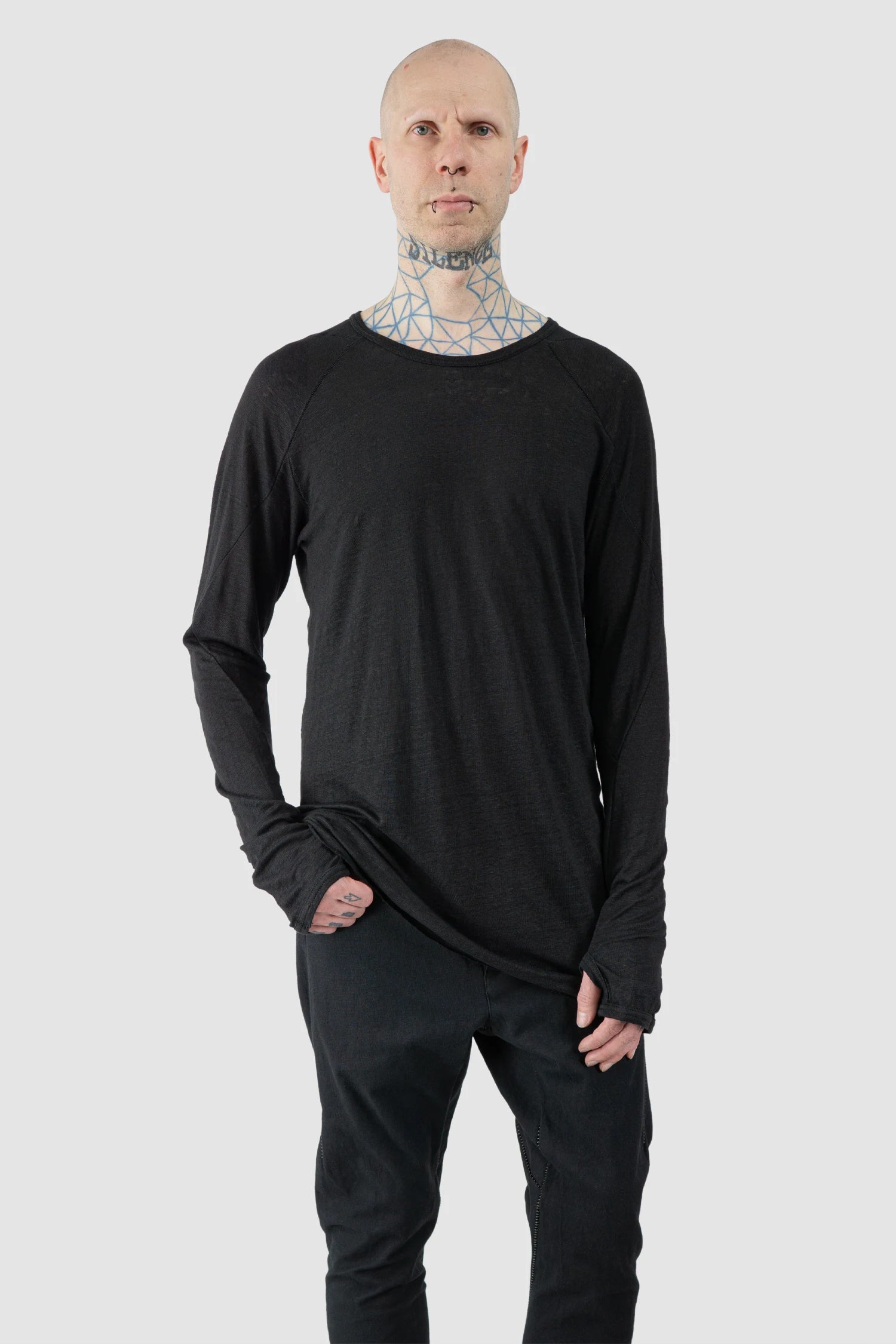 69 by Isaac Sellam - Men’s Black Linen Long Sleeve with Leather Spine model relaxed view