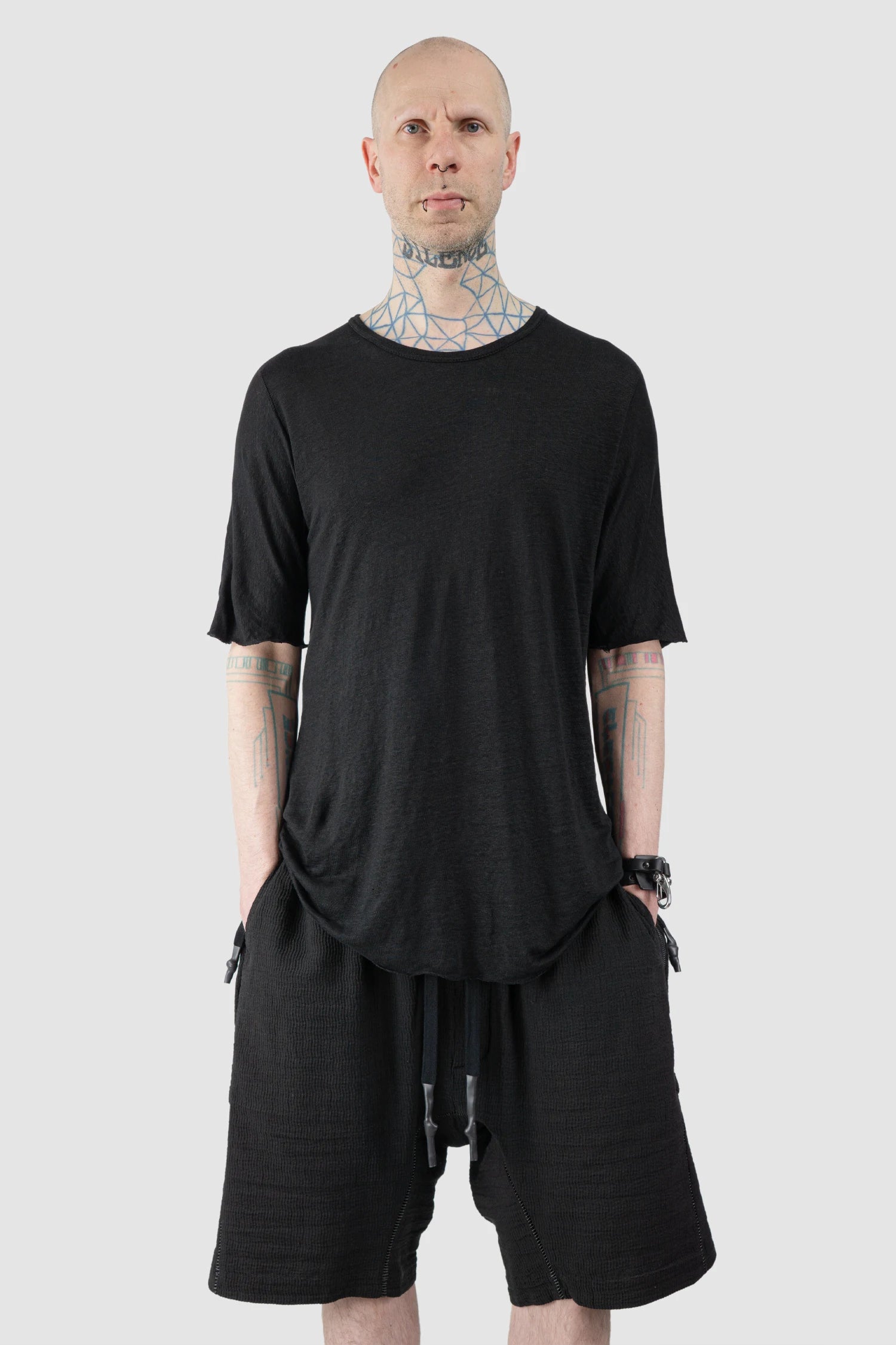 69 by Isaac Sellam - Men’s Black Linen T-Shirt with Horizontal Leather Detail model relaxed view