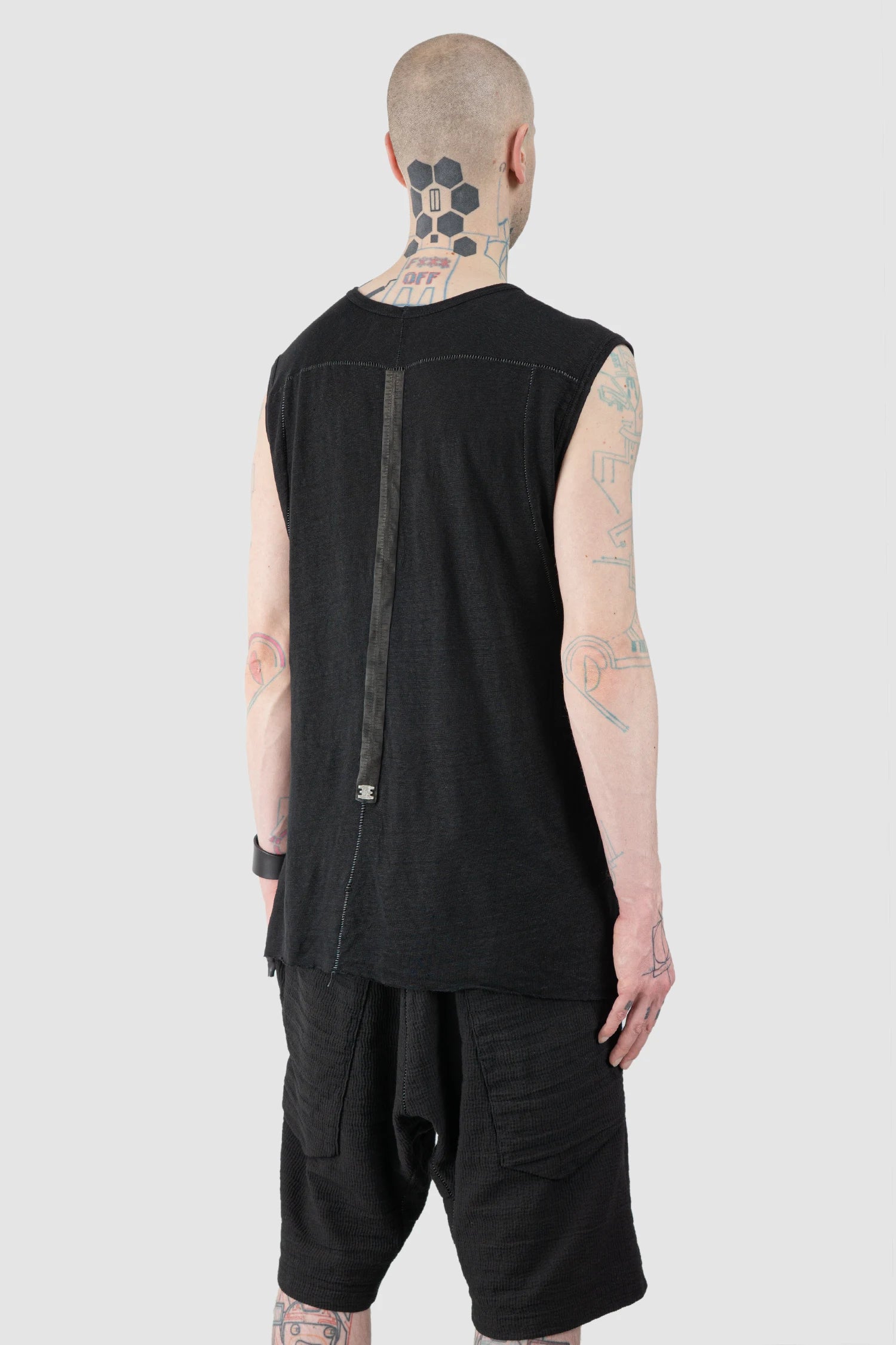 69 by Isaac Sellam - Men’s Black Linen Tank Top with Leather Spine Detail model back side view