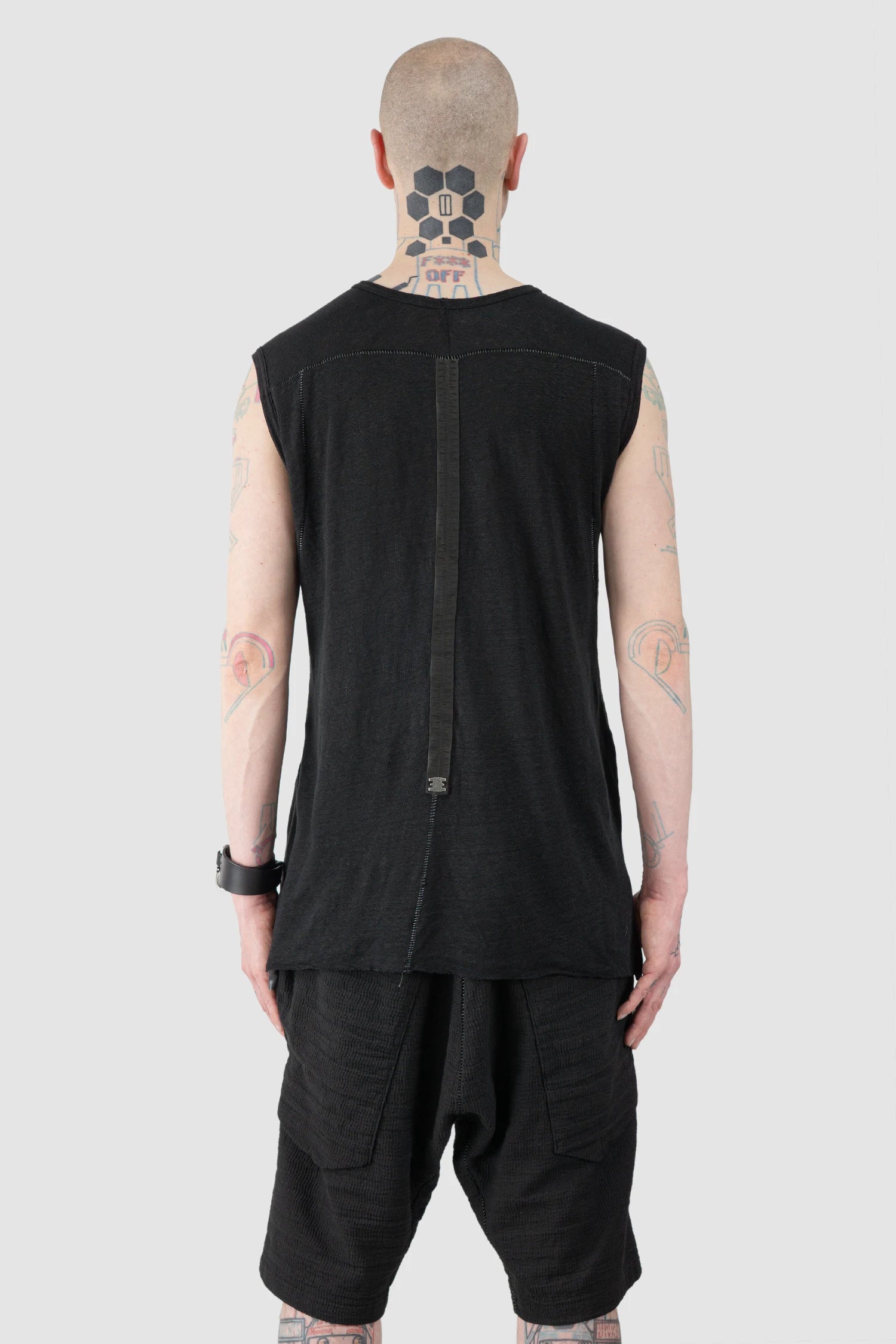 69 by Isaac Sellam - Men’s Black Linen Tank Top with Leather Spine Detail model back view