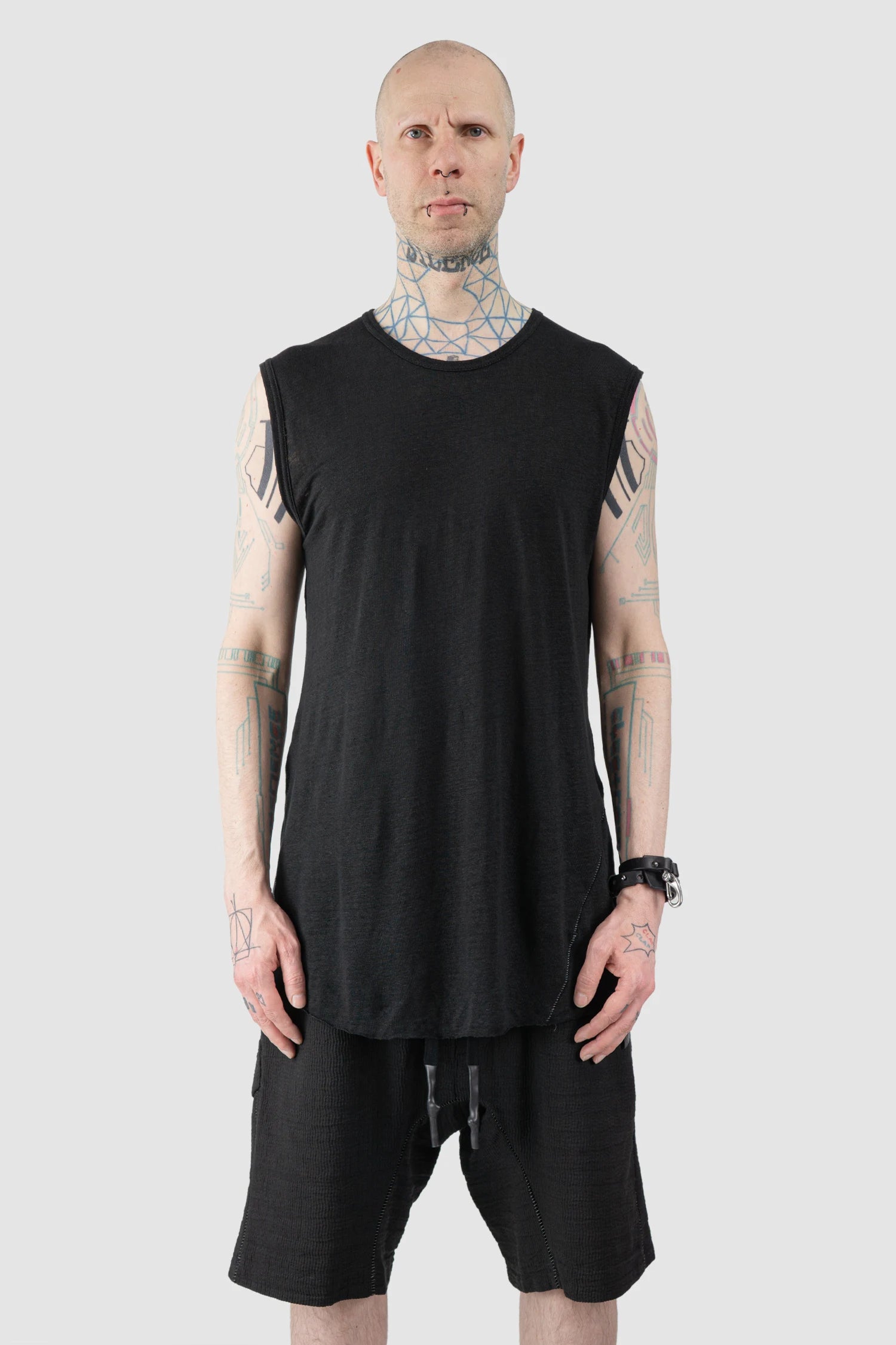 69 by Isaac Sellam - Men’s Black Linen Tank Top with Leather Spine Detail model front view