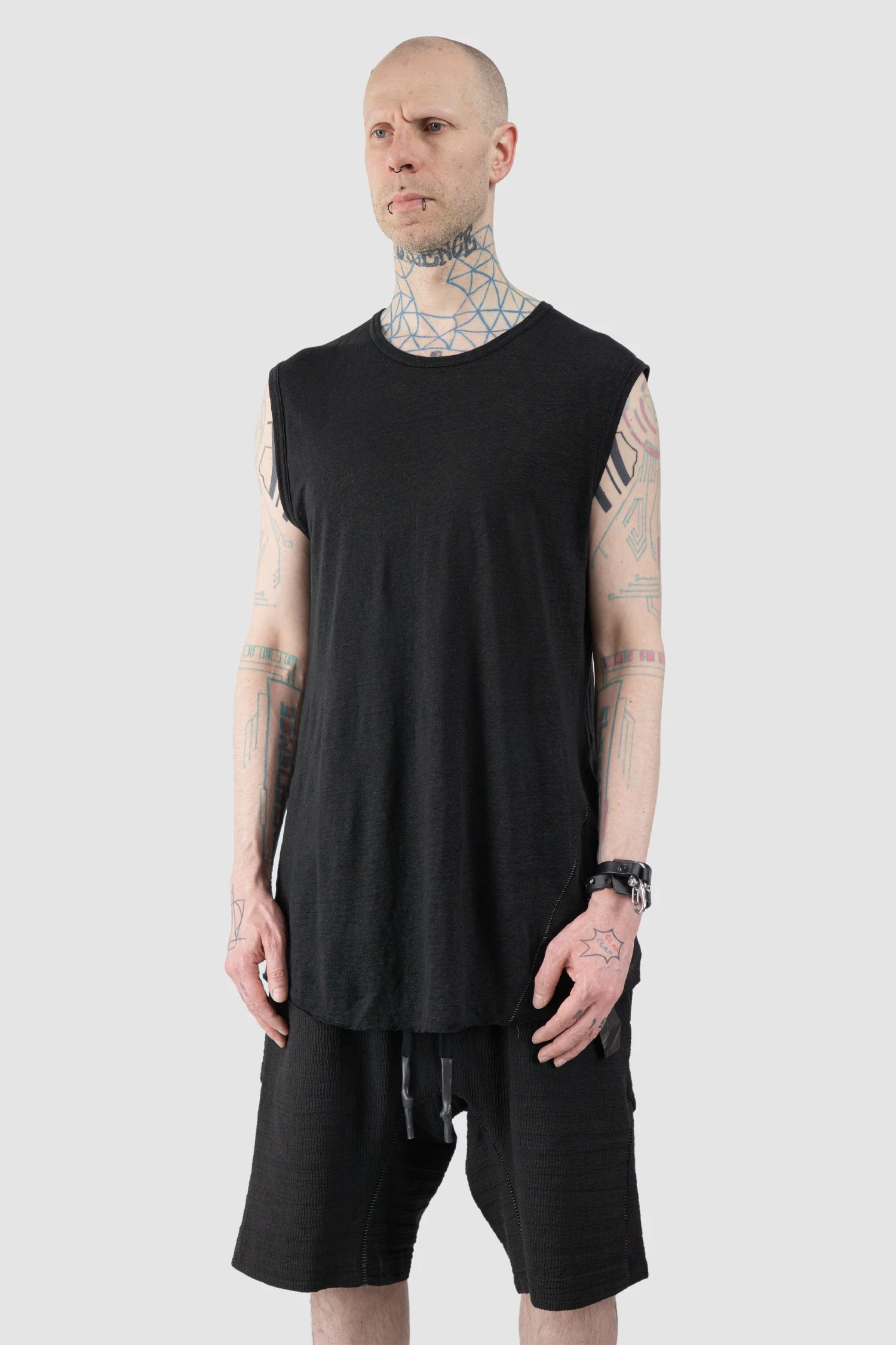 69 by Isaac Sellam - Men’s Black Linen Tank Top with Leather Spine Detail model side view