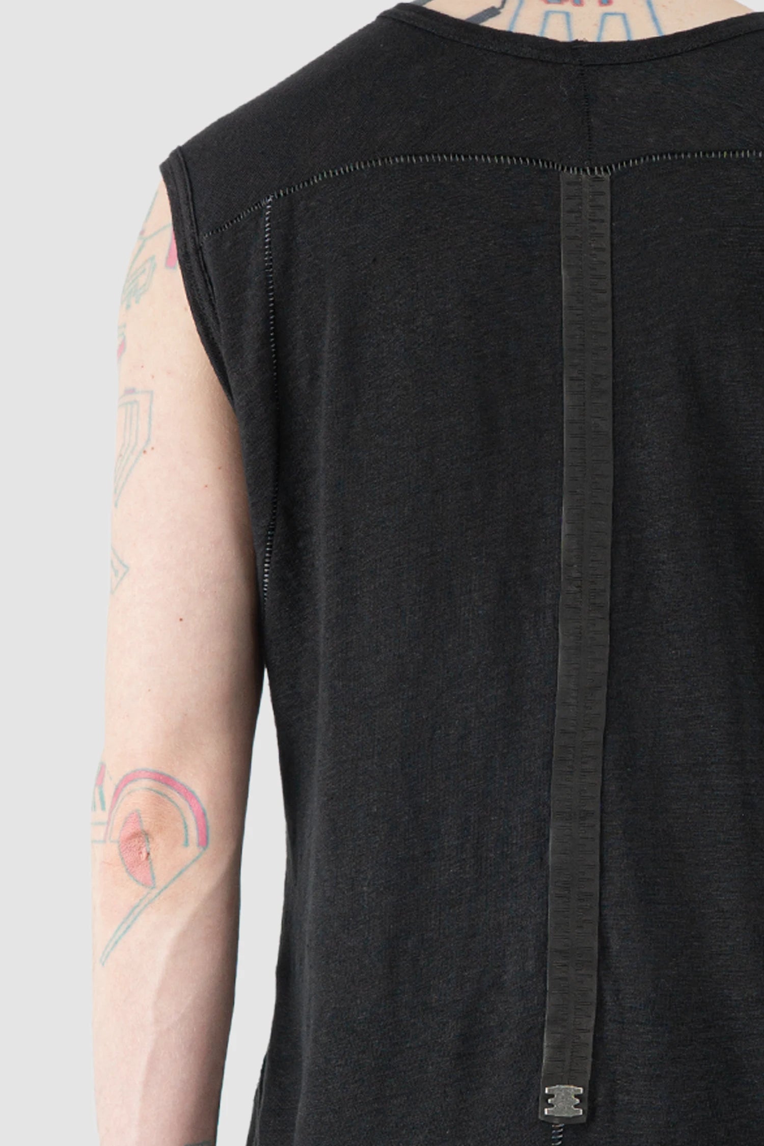 69 by Isaac Sellam - Men’s Black Linen Tank Top with Leather Spine Detail shoulder detail view