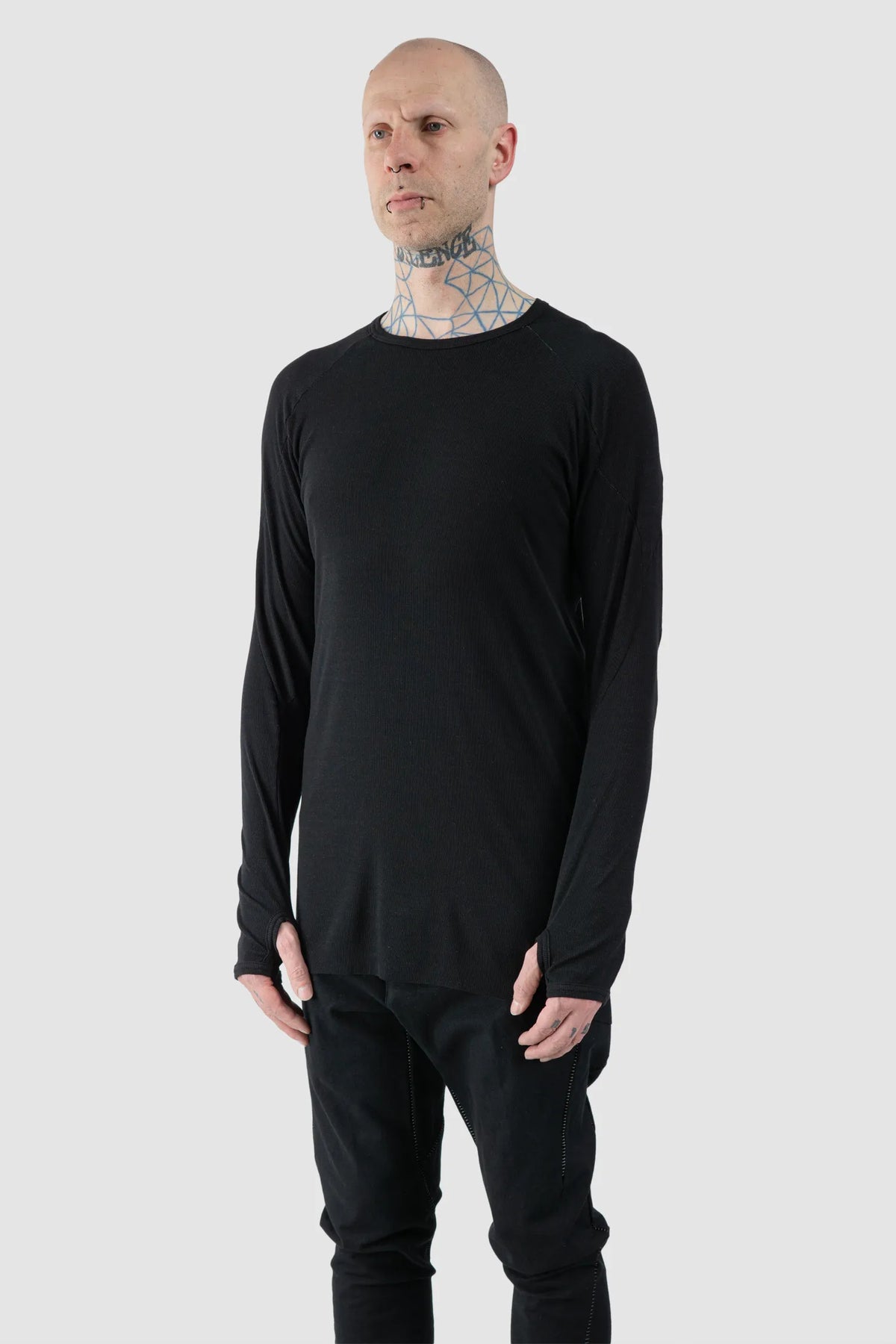 69 by Isaac Sellam - Men's Black Micromodal Rib Long Sleeve - model front side view - MONO-KROM | Gallery
