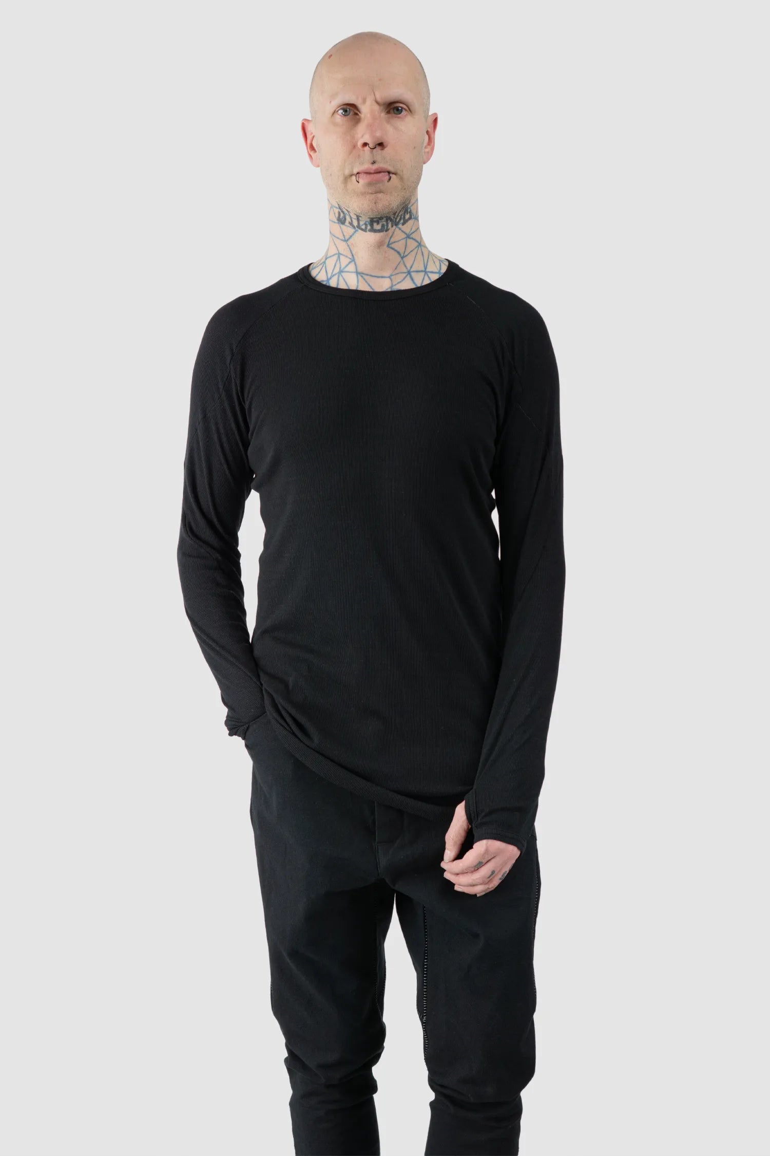 69 by Isaac Sellam - Men's Black Micromodal Rib Long Sleeve - model relaxed view