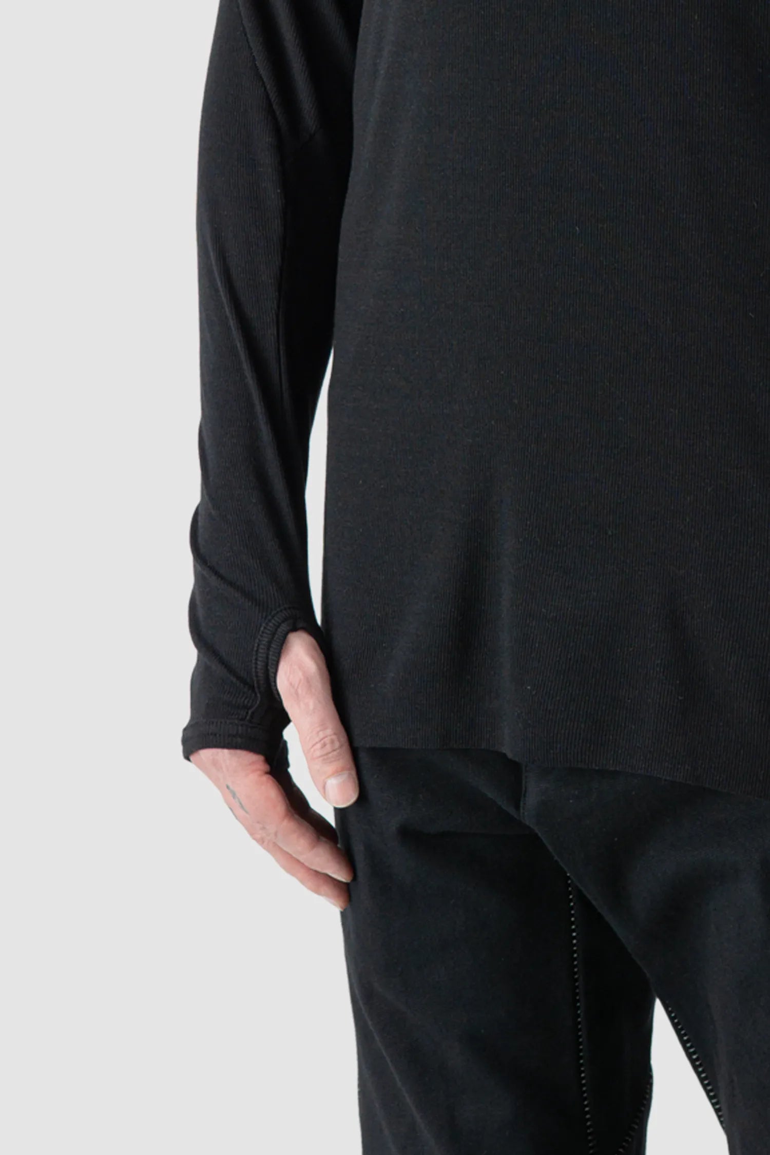 69 by Isaac Sellam - Men's Black Micromodal Rib Long Sleeve - thumbhole detail view