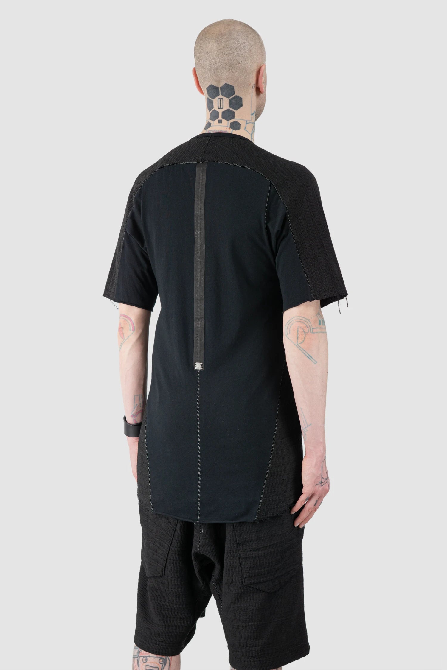 69 by Isaac Sellam - Men’s Black Mixed Structure Cotton T Shirt with Leather Spine model back side view