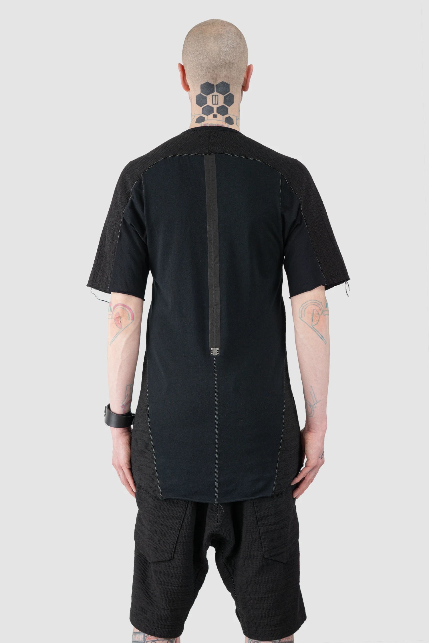 69 by Isaac Sellam - Men’s Black Mixed Structure Cotton T Shirt with Leather Spine model back view