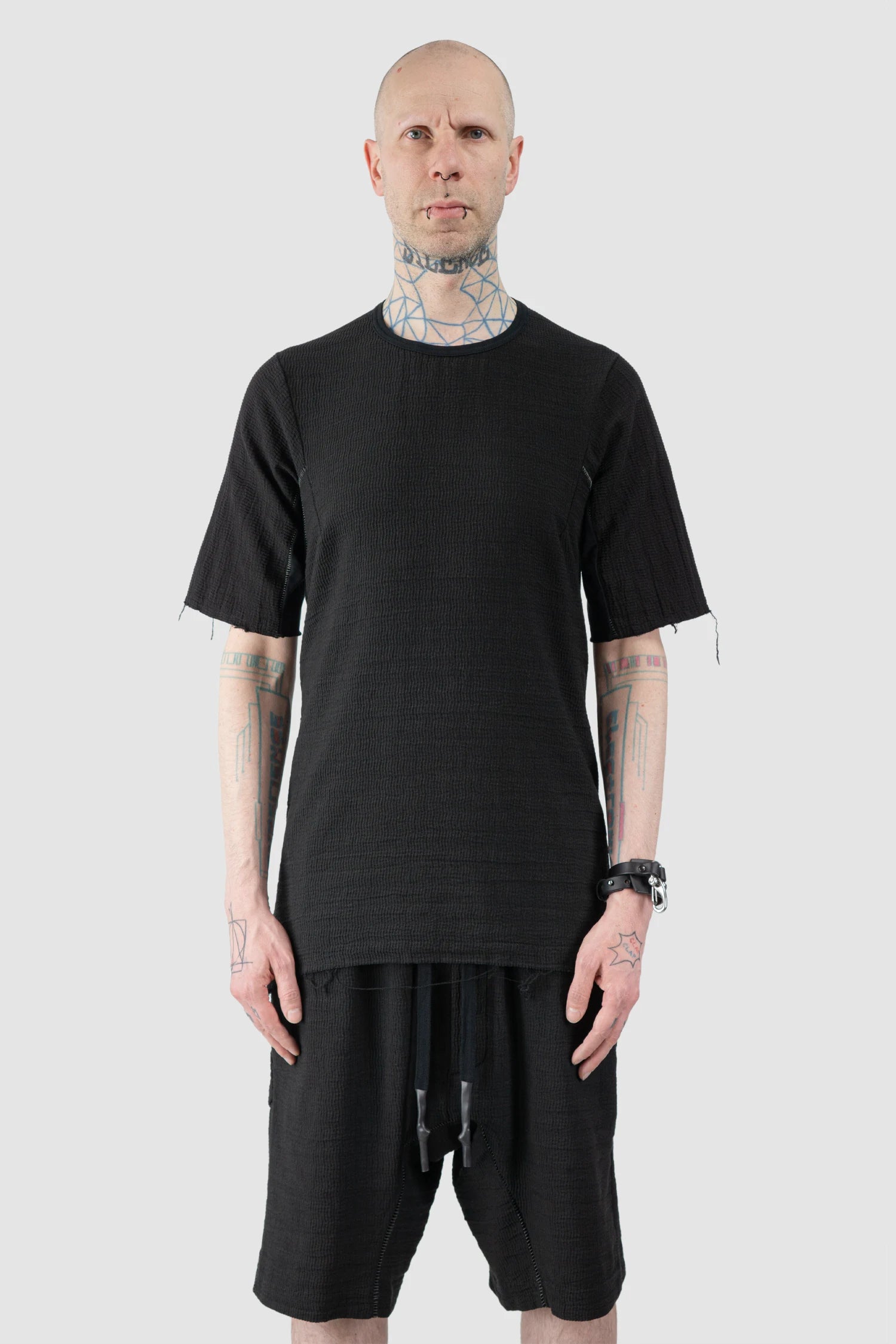 69 by Isaac Sellam - Men’s Black Mixed Structure Cotton T Shirt with Leather Spine model front view